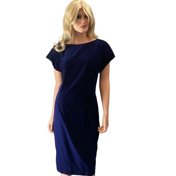 Ann Taylor Dress Vintage 80s Backless Plunge Blue Velvet Sheath Bow Made USA 8 - Picture 3 of 12